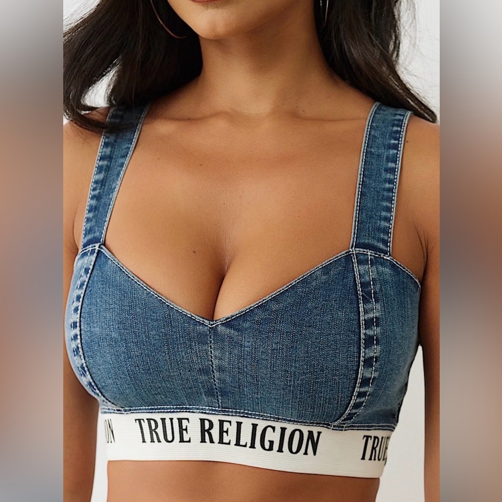 True Religion Blue Elastic Band Denim Bra Top Size M